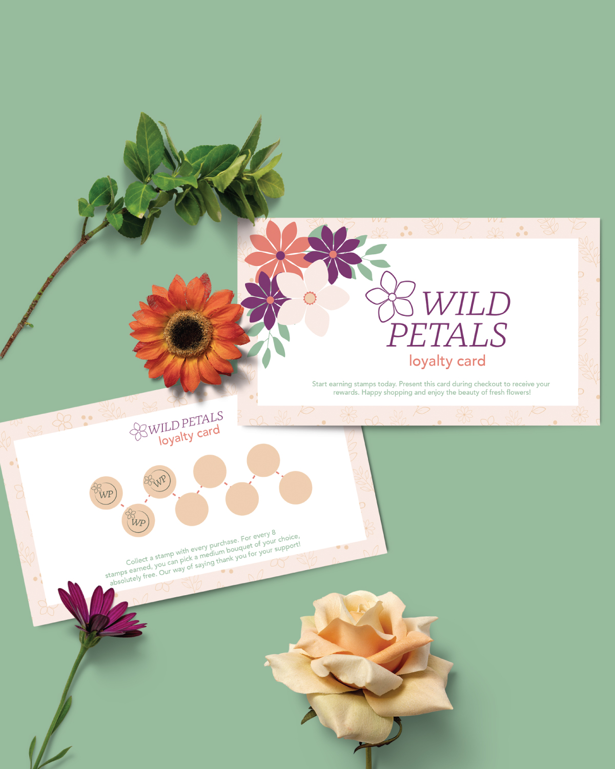 Spaarkaart voor klanten van Wild Petals, een bloemenwinkel. Dit is een passie project van ontwerper Karen. Zij helpt zzp'ers en kleine ondernemers met hun branding, webdesign en strategie