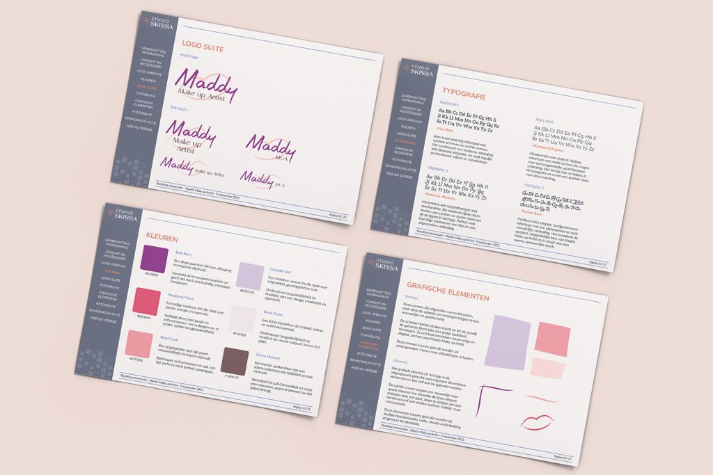 Presentatie van onderdelen van een visuele identiteit: logo suite, kleuren, typografie en grafische elementen. Hier werken we aan tijdens de ontwerpfase van een branding traject bij Studio Skissa