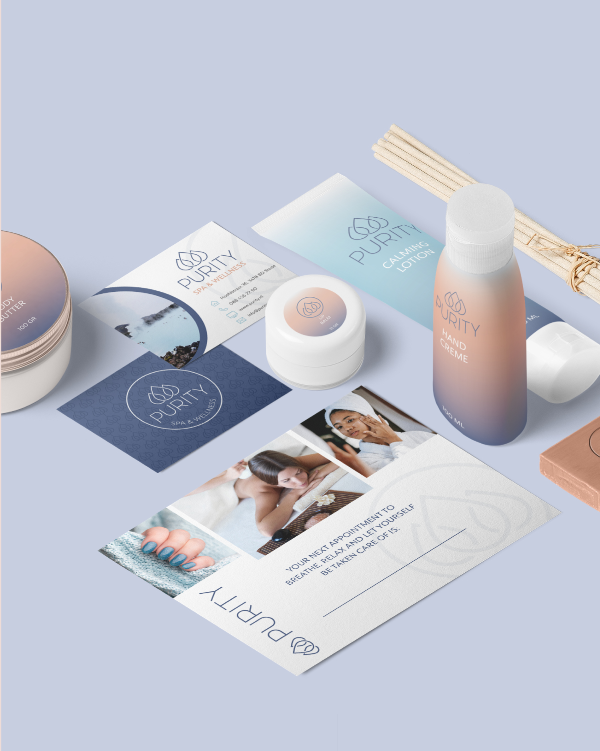 Ontwerp van huisstijl elementen voor Purity, een wellness centrum. Dit is een passie project van ontwerper Karen. Zijn helpt zzp'ers en kleine ondernemers met hun branding, webdesign en strategie